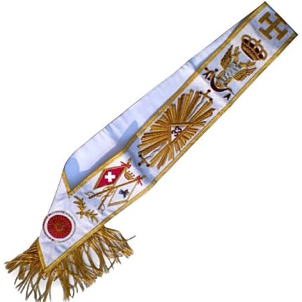 33RD DEGREE SCOTTISH RITE SASH - WHITE MOIRE WITH GOLDEN BORDER