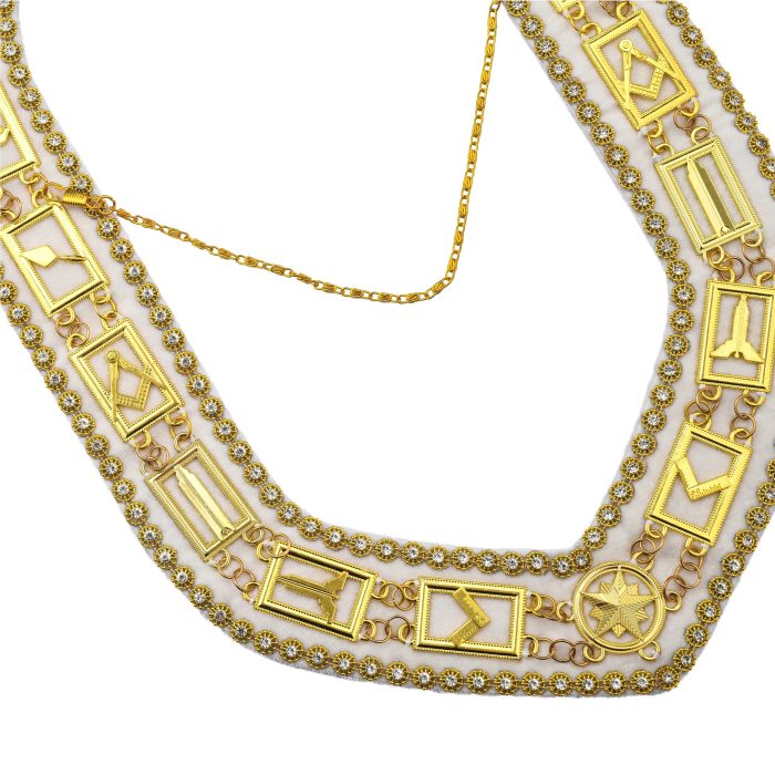 BLUE LODGE CHAIN COLLAR - GOLD PLATED WITH RHINESTONES ON WHITE VELVET (2)