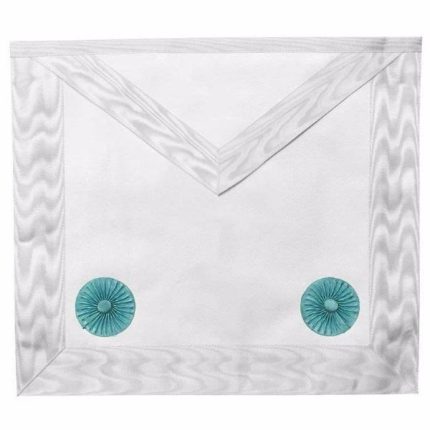 FELLOWCRAFT BLUE LODGE APRON - ALL WHITE MOIRE WITH TWO TURQUOISE ROSETTES (2)