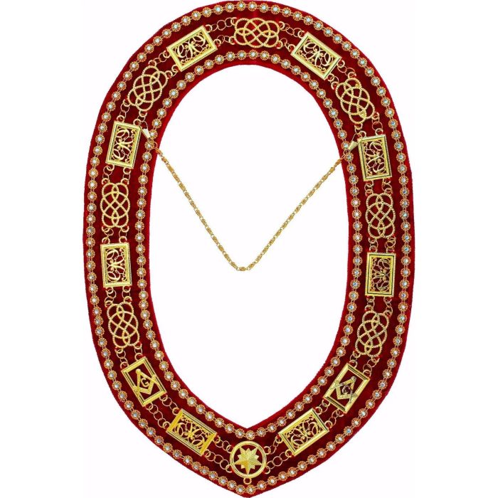 GRAND OFFICERS BLUE LODGE CHAIN COLLAR - GOLD PLATED WITH RHINESTONES ON RED VELVET (7)