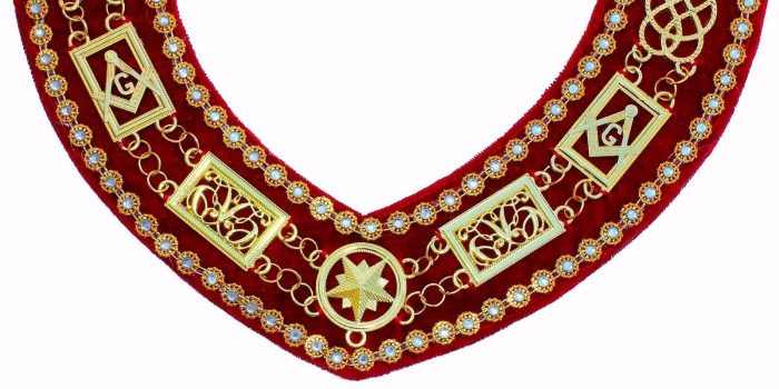 GRAND OFFICERS BLUE LODGE CHAIN COLLAR - GOLD PLATED WITH RHINESTONES ON RED VELVET (8)