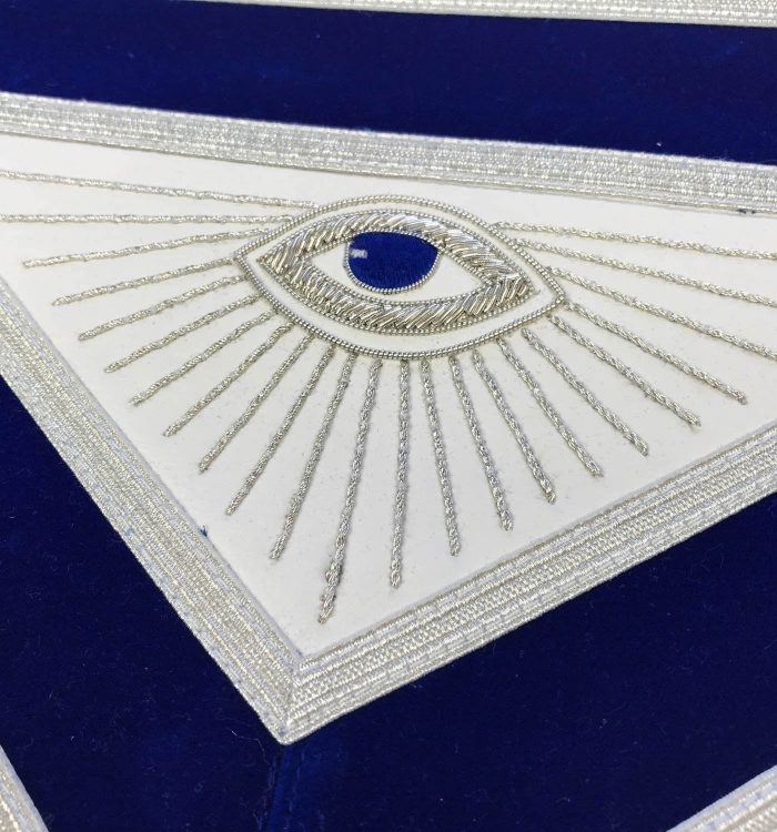 MASTER MASON BLUE LODGE APRON - BLUE VELVET WITH SILVER FRINGE HAND EMBROIDERED (1)