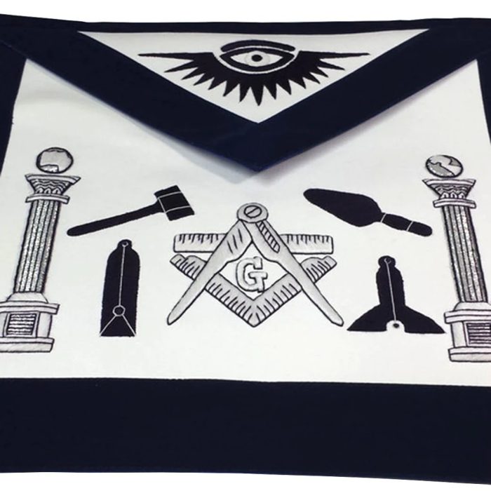 MASTER MASON BLUE LODGE APRON - NAVY BLUE & WHITE SILK THREADS HAND EMBROIDERY (1)