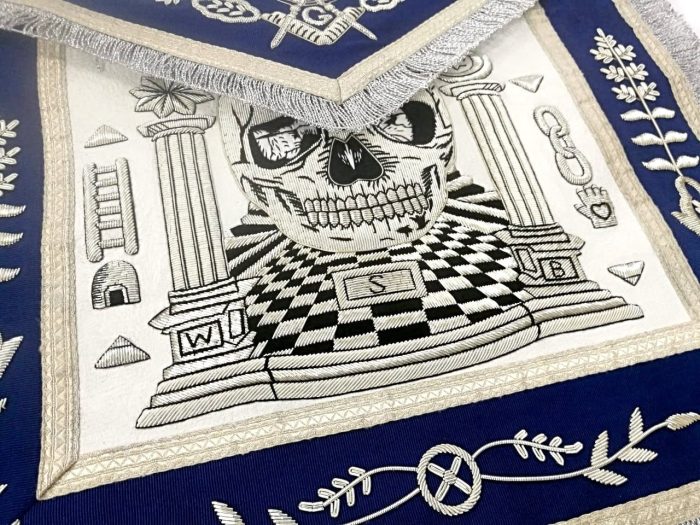 MASTER MASON BLUE LODGE APRON - SKULL PILLARS MASTERS CARPET SILVER EMBROIDERY (5)