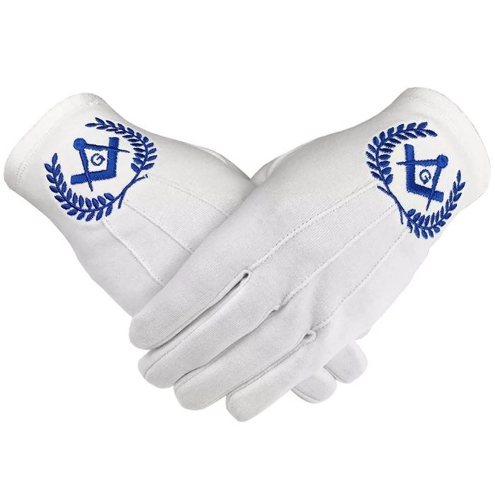 MASTER MASON BLUE LODGE GLOVE - WHITE COTTON WITH BLUE SQUARE & COMPASS G (1)