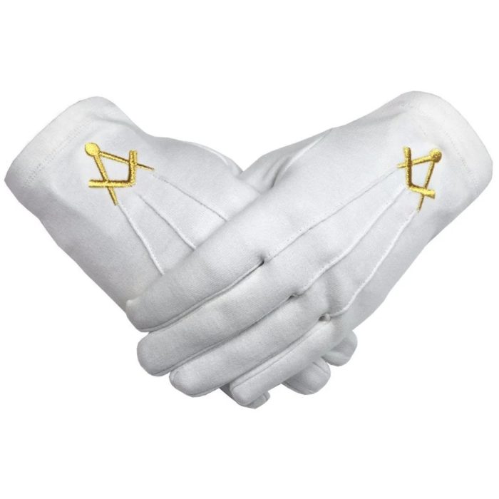 MASTER MASON BLUE LODGE GLOVE - WHITE COTTON WITH GOLDEN SQUARE & COMPASS (2)