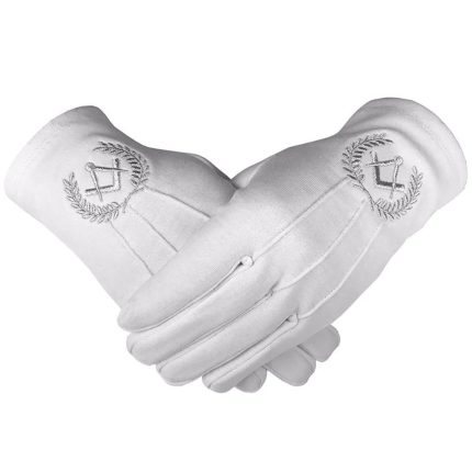 MASTER MASON BLUE LODGE GLOVE - WHITE COTTON WITH SILVER SQUARE & COMPASS (2)