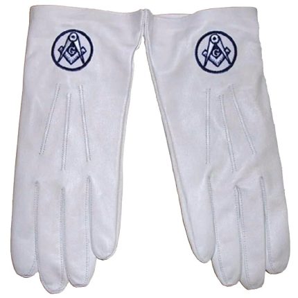 MASTER MASON BLUE LODGE GLOVE - WHITE LEATHER WITH SQUARE & COMPASS G EMBROIDERY