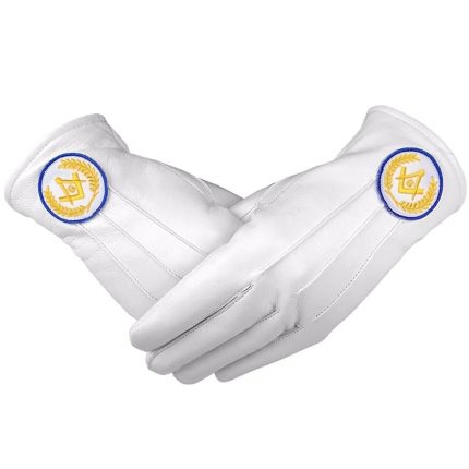 MASTER MASON BLUE LODGE GLOVE - WHITE LEATHER WITH YELLOW AND BLUE SQUARE & COMPASS G (1)