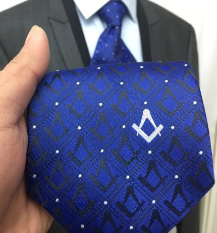 MASTER MASON BLUE LODGE NECKTIE - BLACK & BLUE WITH POLKADOT SQUARE & COMPASS (2)