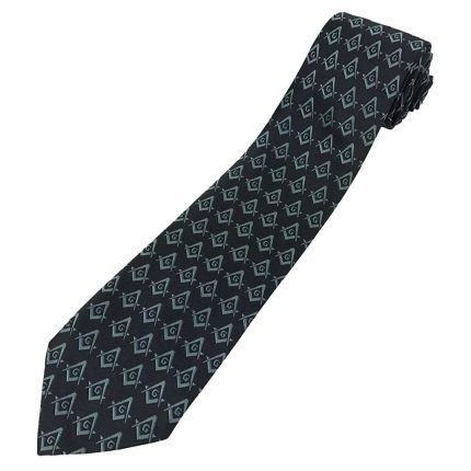 MASTER MASON BLUE LODGE NECKTIE - BLACK WITH GREEN SQUARE & COMPASS G (1)