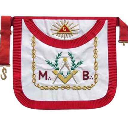 MASTER MASON SCOTTISH RITE APRON - WHITE & RED PLEATED EDGES GOLD EMBROIDERY (1)