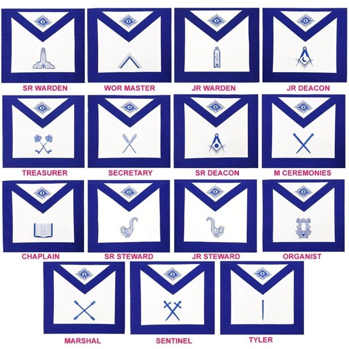 OFFICERS BLUE LODGE OFFICER APRON SET - ROYAL BLUE RIBBON MACHINE EMBROIDERY (SET OF 15) (3)