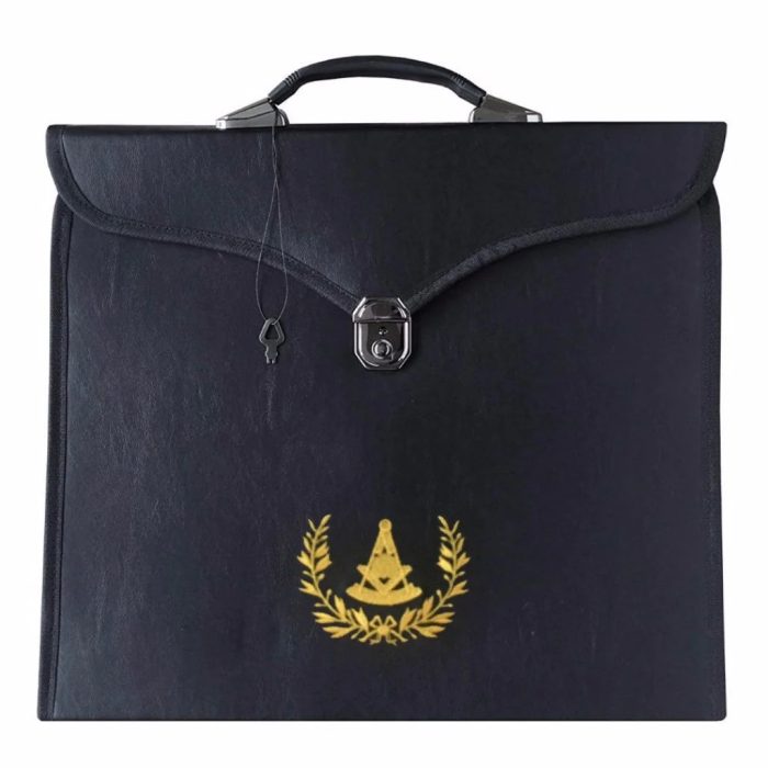 PAST MASTER BLUE LODGE APRON CASE - BLACK LEATHER WITH YELLOW ACACIA LEAFS MM, WM, PROVINCIAL (6)