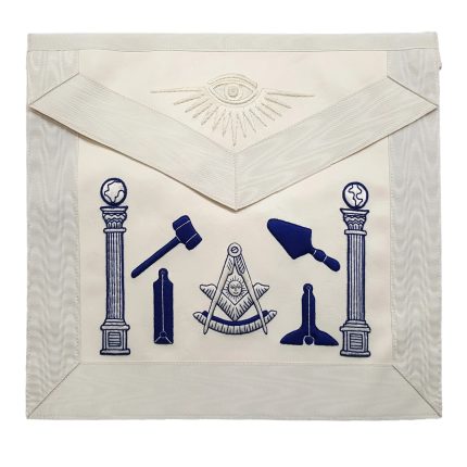 PAST MASTER BLUE LODGE APRON - HAND EMBROIDERED ROYAL BLUE & WHITE SILK THREAD (1)