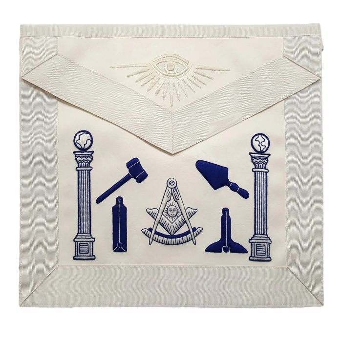 PAST MASTER BLUE LODGE APRON - HAND EMBROIDERED ROYAL BLUE & WHITE SILK THREAD (1)