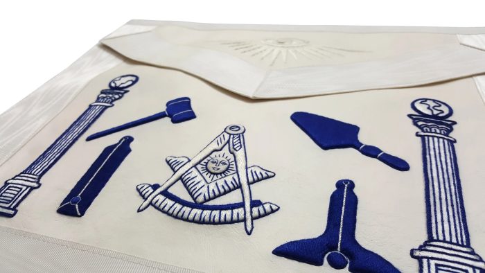 PAST MASTER BLUE LODGE APRON - HAND EMBROIDERED ROYAL BLUE & WHITE SILK THREAD (2)