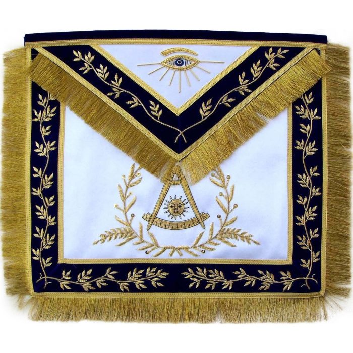 PAST MASTER BLUE LODGE APRON - NAVY BLUE WITH GOLD HAND EMBROIDERY & FRINGE TASSELS