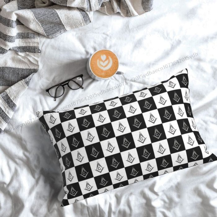 Freemason Checkered Pattern Printed Pillow Case Freemason Compass Masonic Back (3)