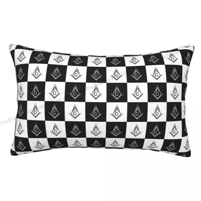 Freemason Checkered Pattern Printed Pillow Case Freemason Compass Masonic Back