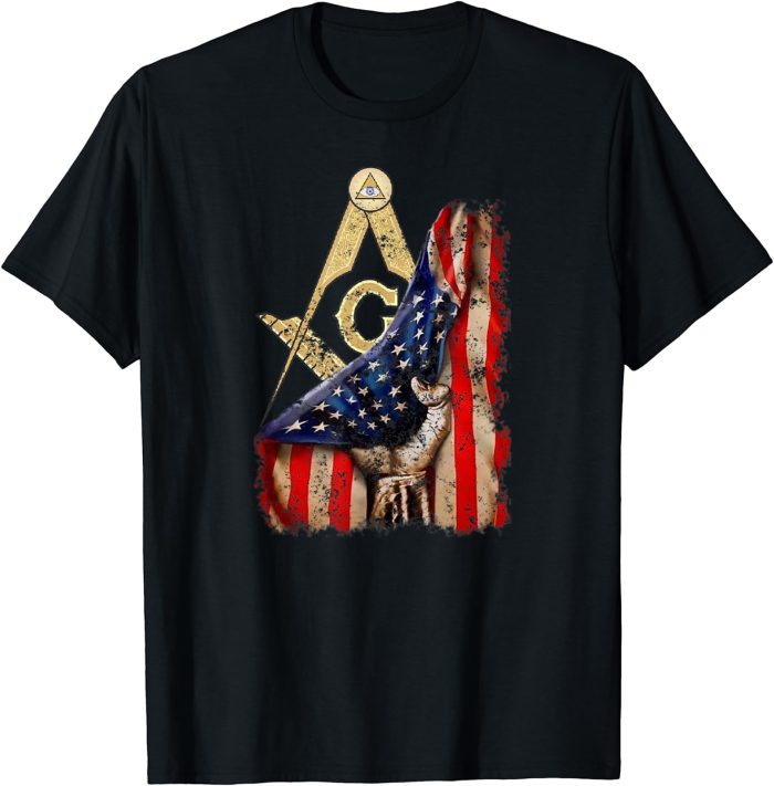 Mens Vintage US Flag Real Mason Square & Compass Masonic Shriner T-Shirt