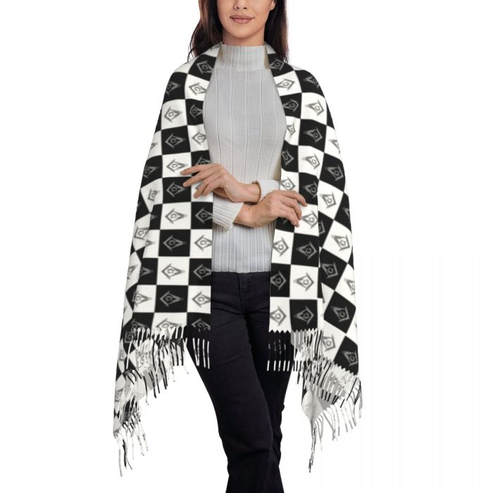 Freemason Checkered Pattern Tassel Scarf Women Soft Mason Masonic Shawl Wrap Lady Winter Sc (3)