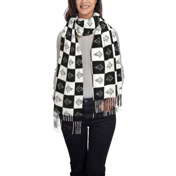 Freemason Checkered Pattern Tassel Scarf Women Soft Mason Masonic Shawl Wrap Lady Winter Sc