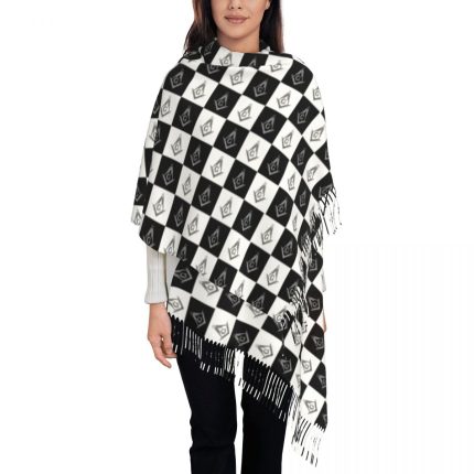 Freemason Checkered Pattern Tassel Scarf Women Soft Mason Masonic Shawl Wrap Lady Winter Scar (1)