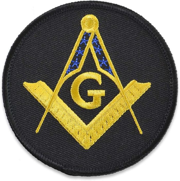 Square & Compass Round Embroidered Masonic Patch - [Black, Gold & Blue][3'' Diameter]