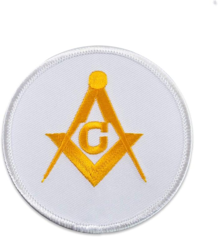 Square & Compass Round Embroidered Masonic Patch - [White & Gold][3'' Diameter]